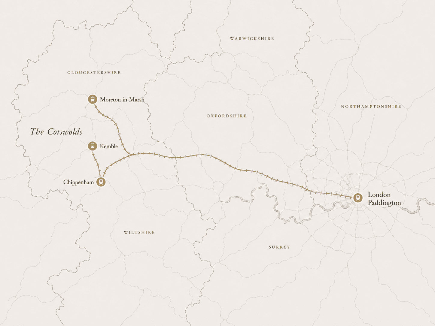Map showing London and the Cotswolds with Moreton-in-Marsh, Kemble and Chippenham marked